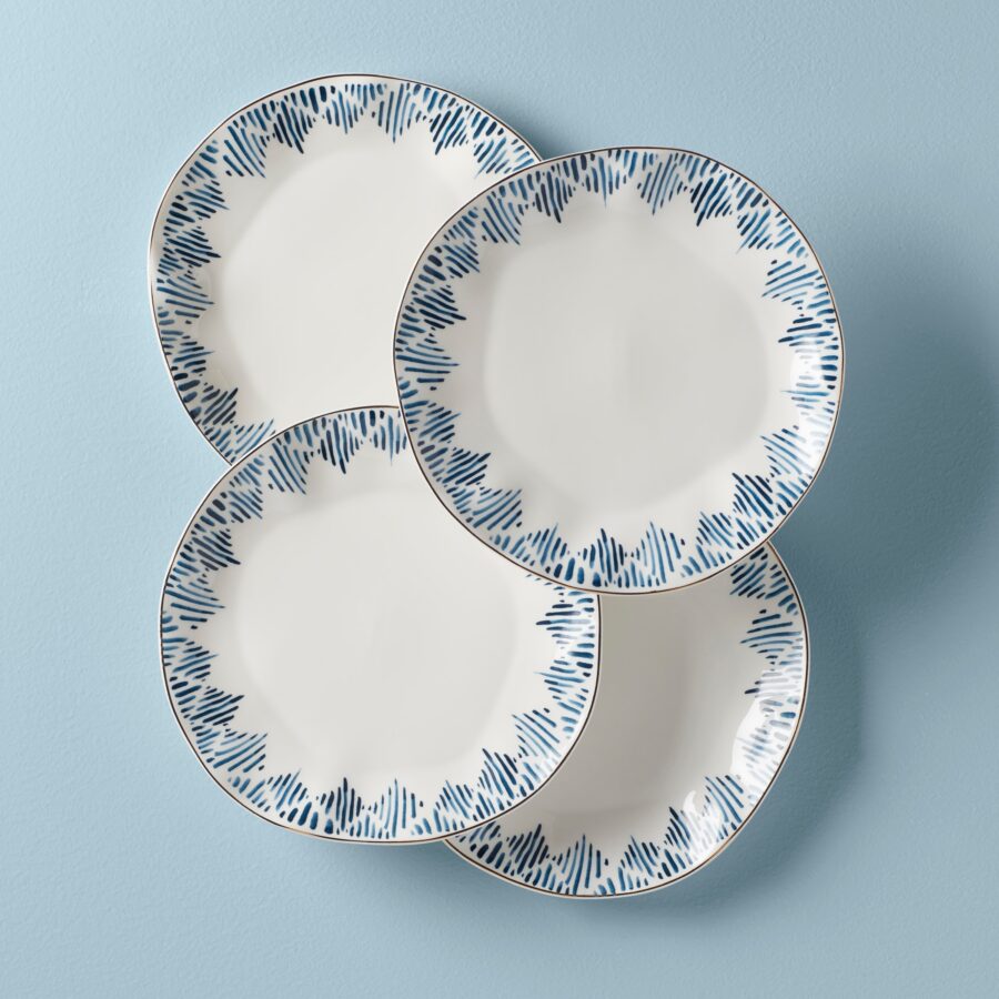 Blue Ikat Porcelain Dinner Plates with Gold Rim, Set of 4